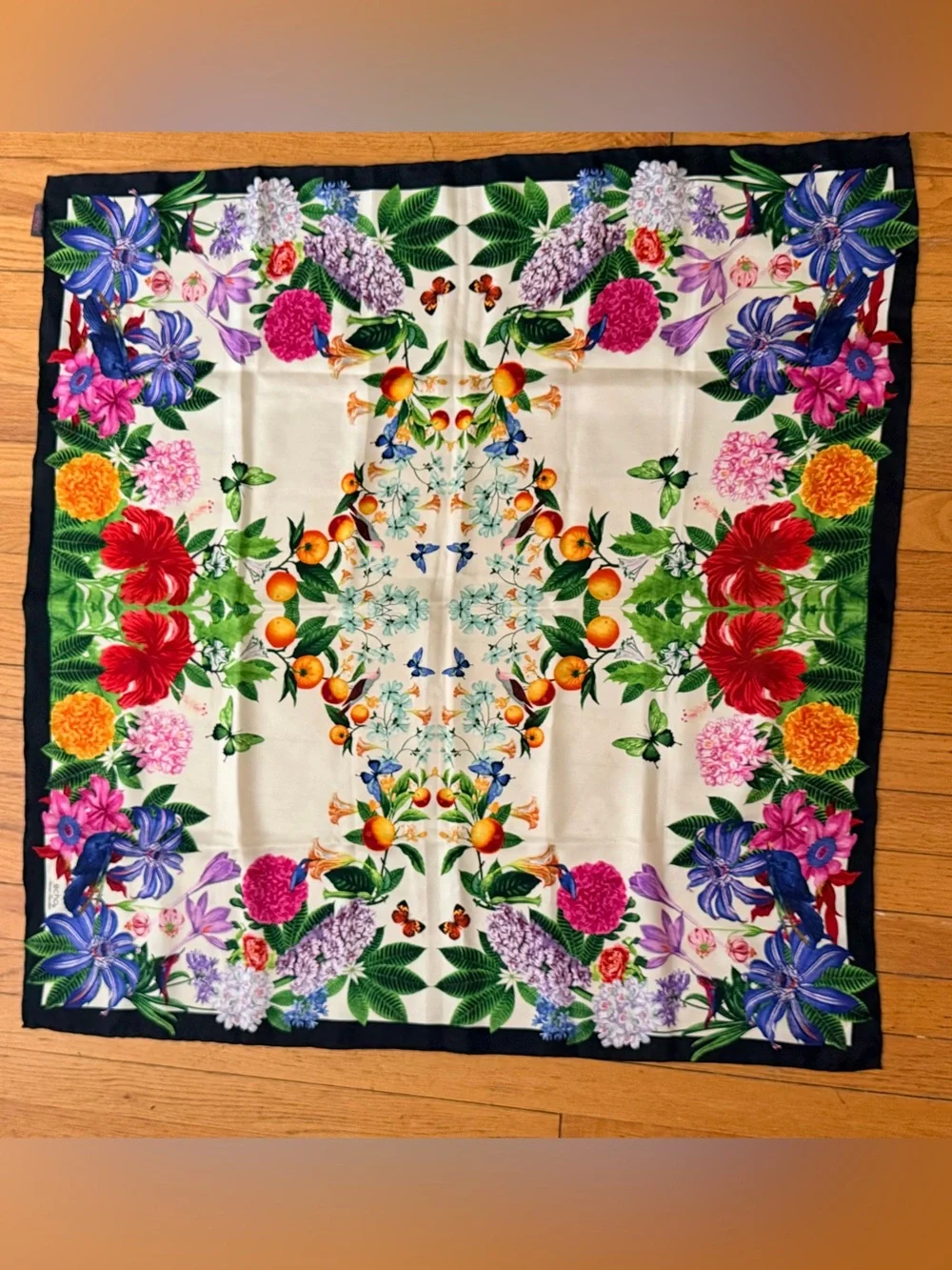 Gorgeous Floral & Citrus Garden Silk scarf- Multicolor 34” sq